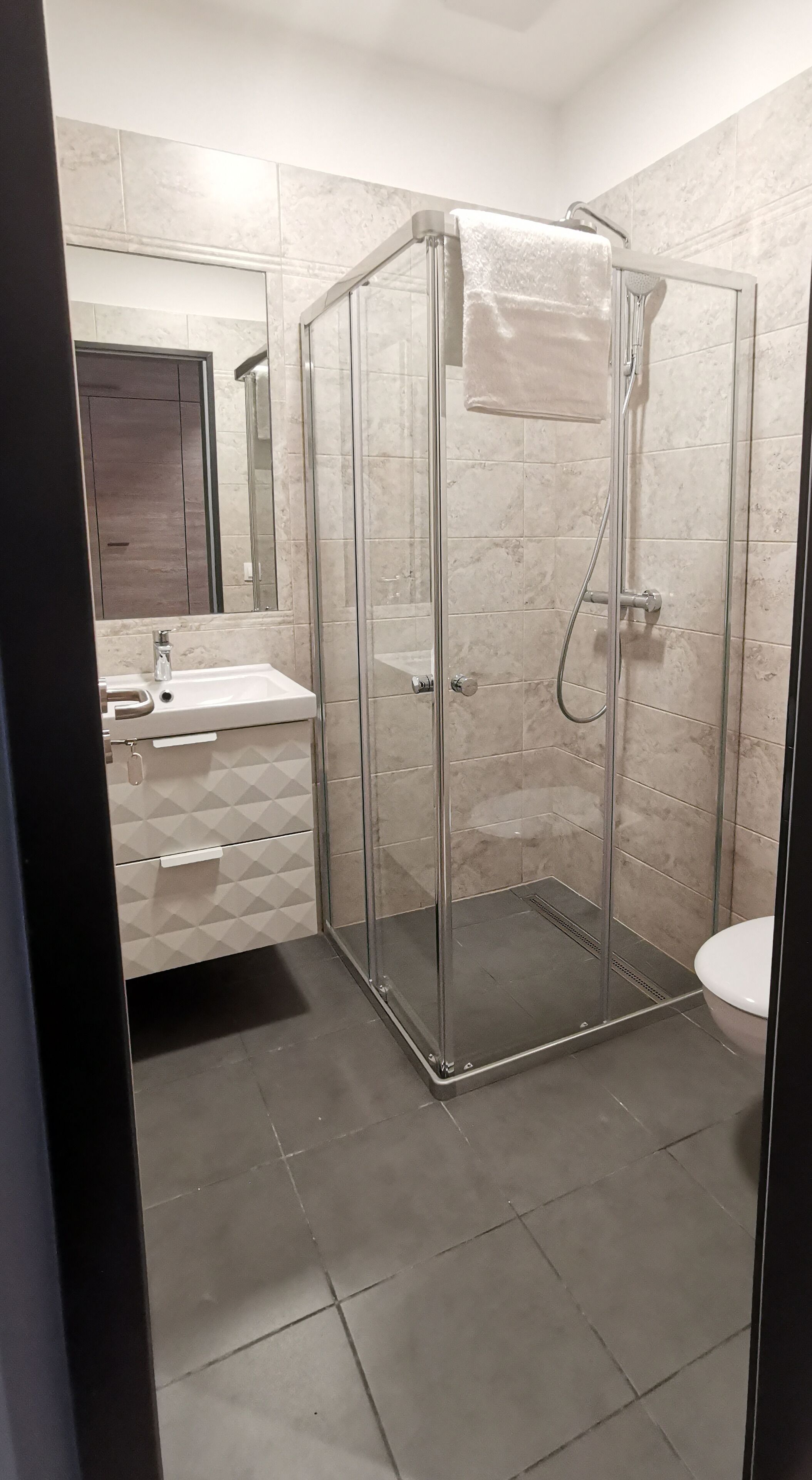 A bathroom with a glass-enclosed shower, a sink with a mirror, and a toilet.