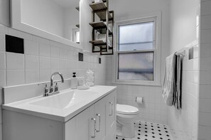 Hair dryer, towels, soap, shampoo