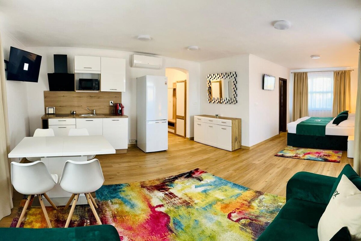 Habitación de hotel moderna con zona de comedor, kitchenette y cama con alfombra colorida.