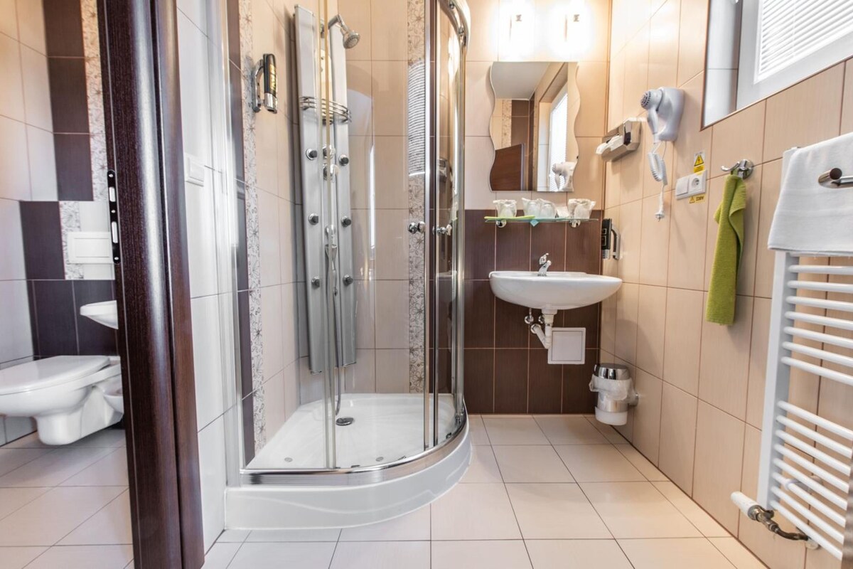 A modern bathroom with a glass-enclosed shower, a sink, and a toilet.