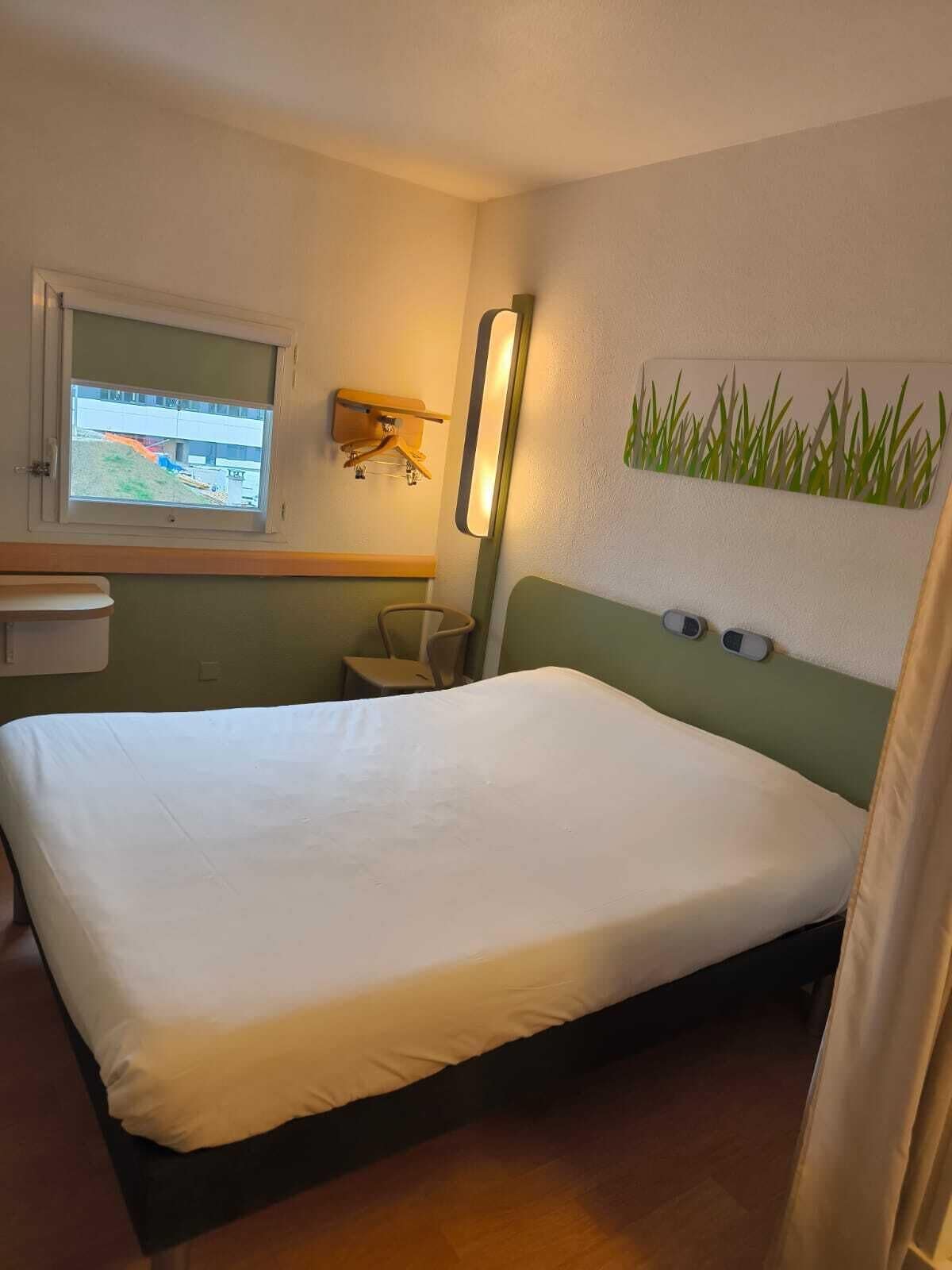 A hotel room with a bed, a window with a view of a construction site, a wall-mounted lamp, and a wall decoration of grass.