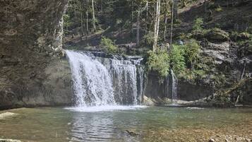 A natural waterfall in a forested area with clear water and rocky terrain.