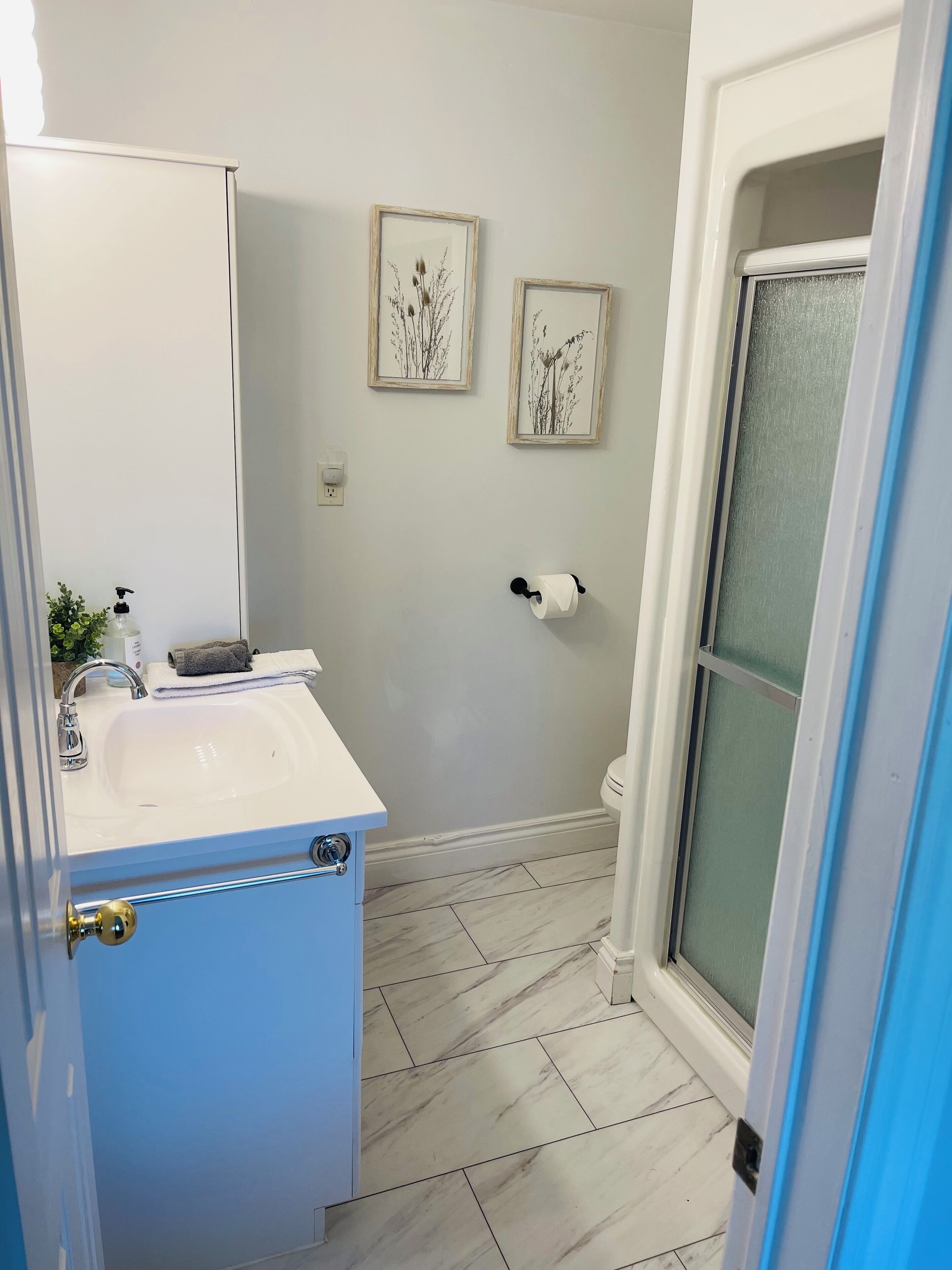 A bathroom with a white sink, a mirror, a towel rack, and two framed pictures on the wall.