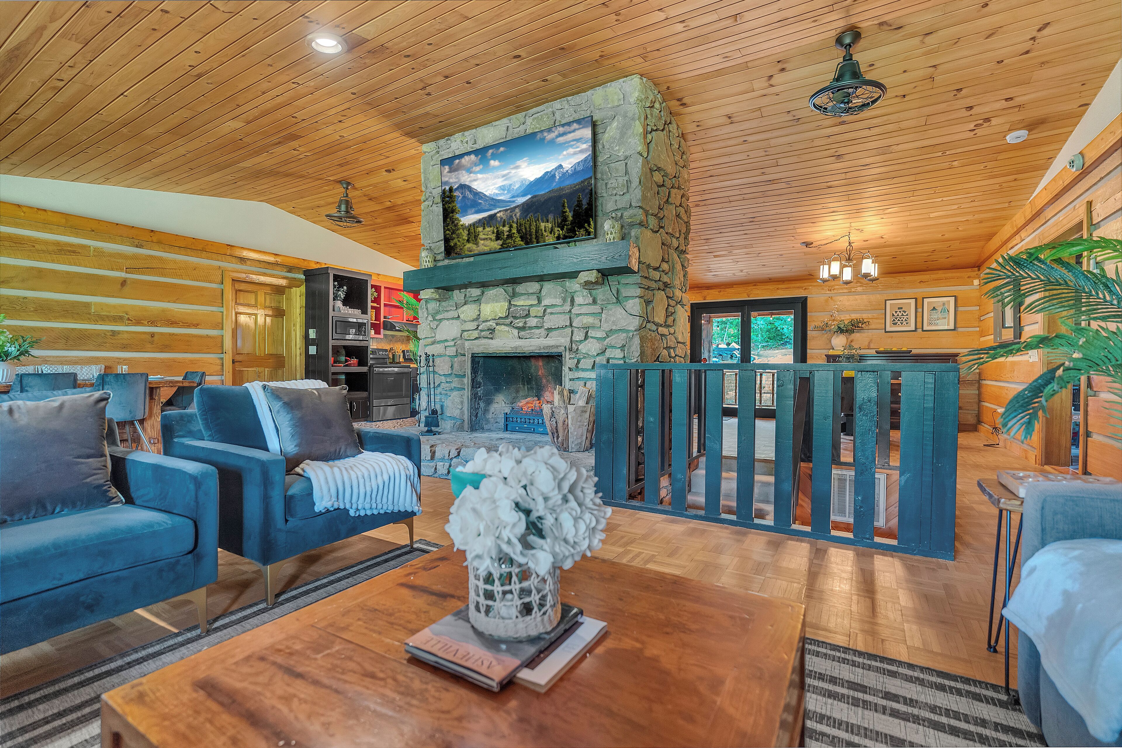 智能電視、壁爐、書籍、音響