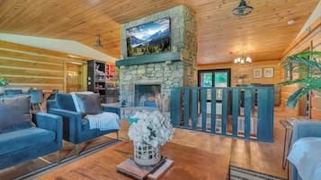 Smart TV, fireplace, books, stereo