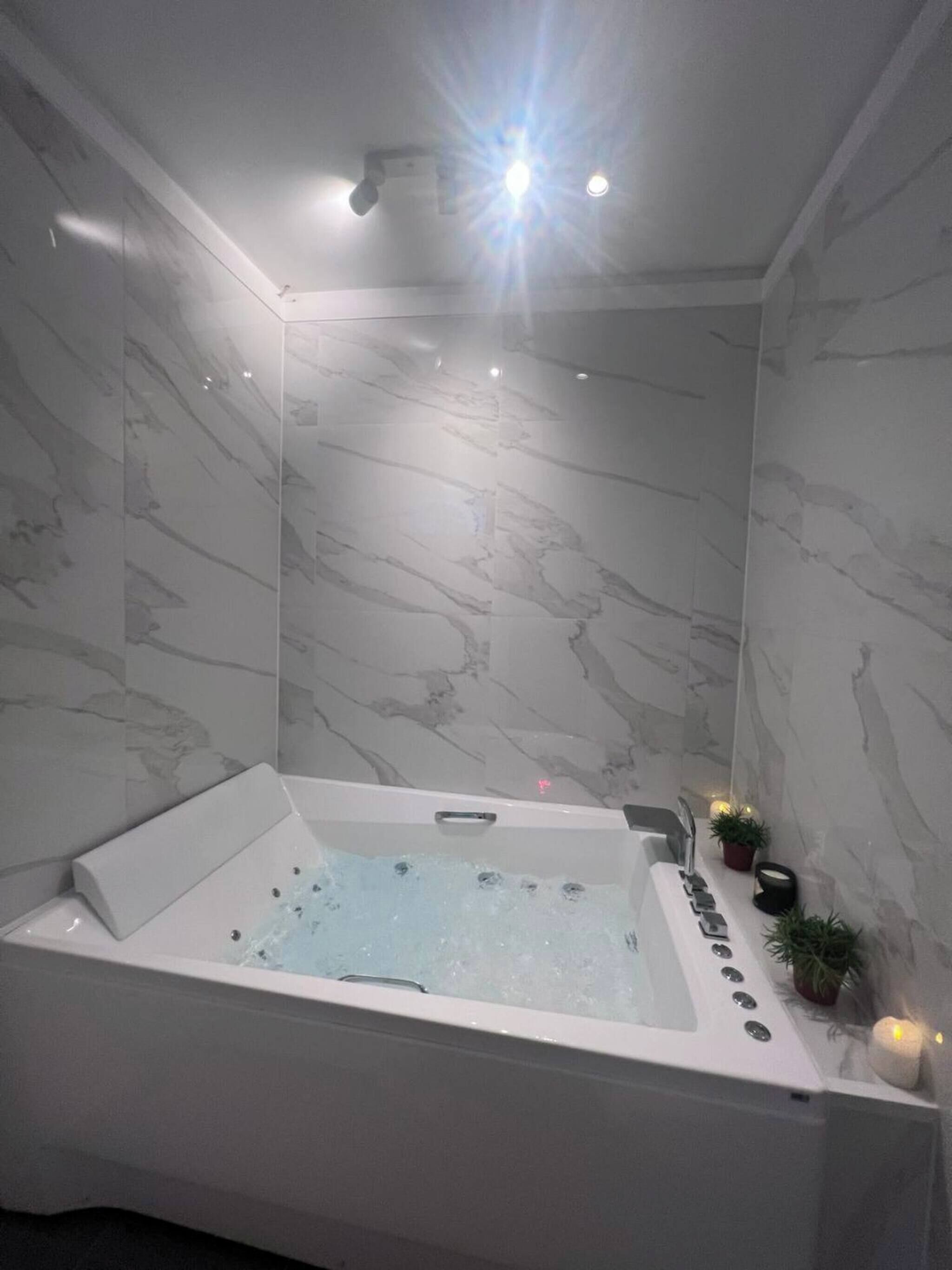 Un baño moderno con pared de mármol, bañera de hidromasaje y una pequeña planta en maceta.