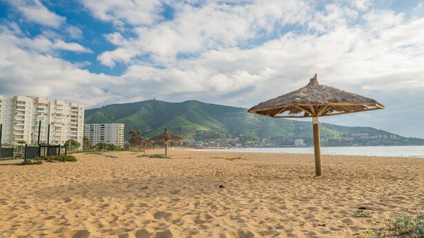 A beach with a thatched umbrella, sandy beach, and buildings in the background. - Oceana Suites Papudo (Papudo)