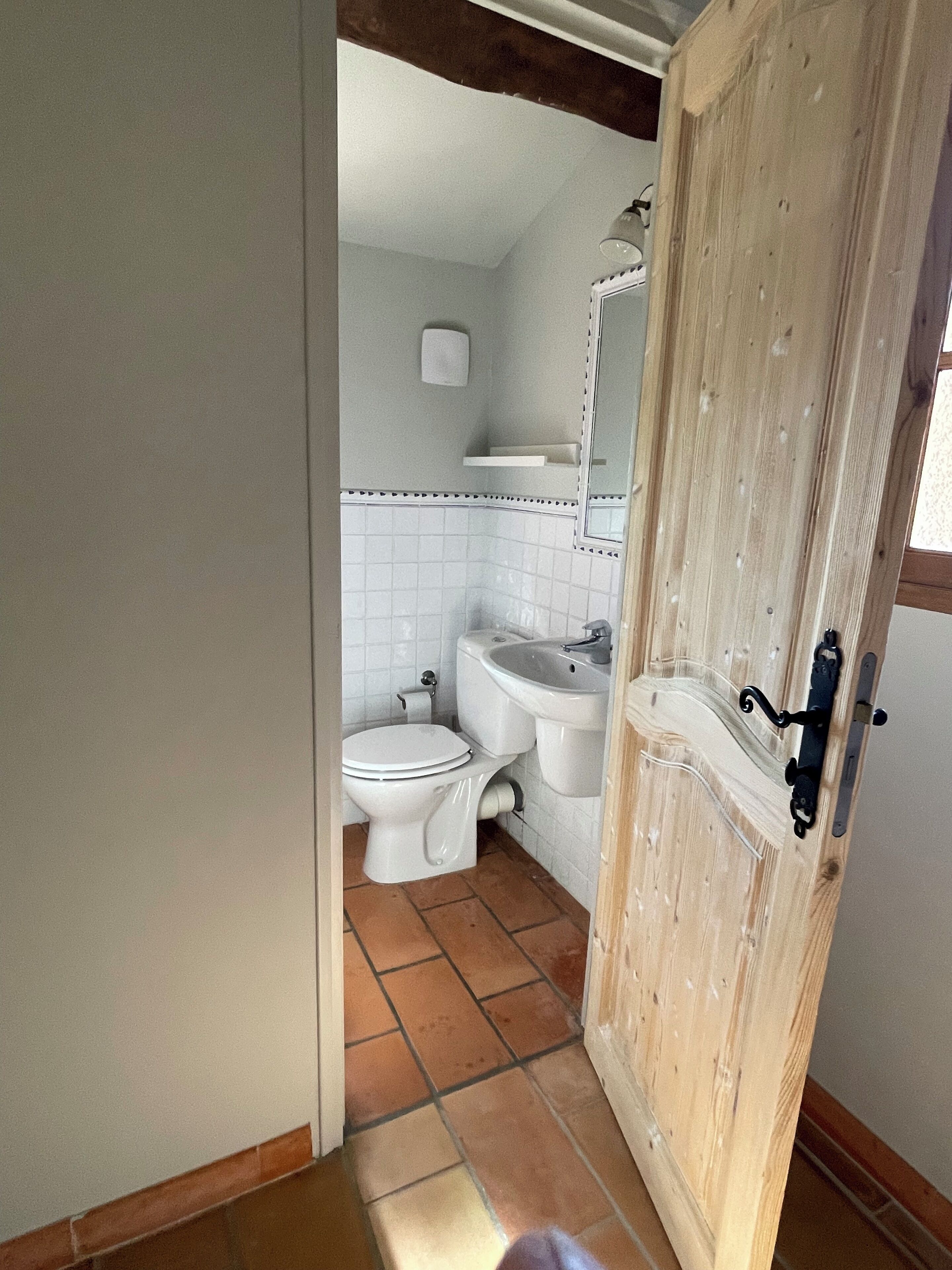 Une salle de bain avec des toilettes, un lavabo et un miroir.