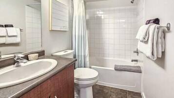Hair dryer, towels, soap, shampoo