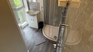 A modern bathroom with a glass-enclosed shower, a white sink, and a toilet.
