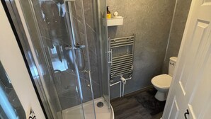 A modern bathroom with a glass-enclosed shower, a white sink, and a toilet.