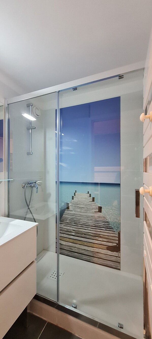 Shower, hair dryer, soap, toilet paper