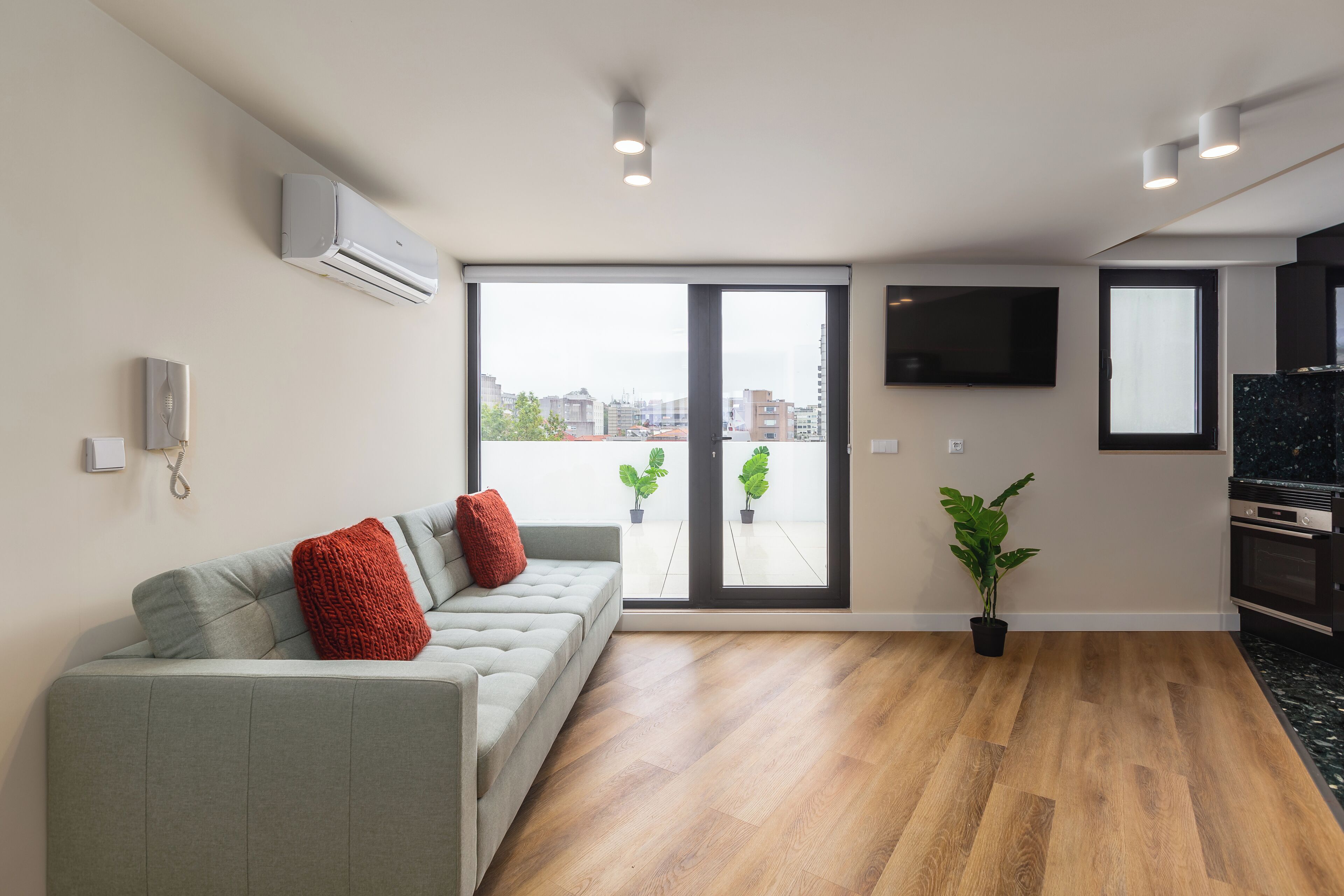 Ein modernes Wohnzimmer mit grauem Sofa, roten Kissen, einem Topfpflanzen und einer großen Schiebeglastür, die zu einem Außenbereich führt.