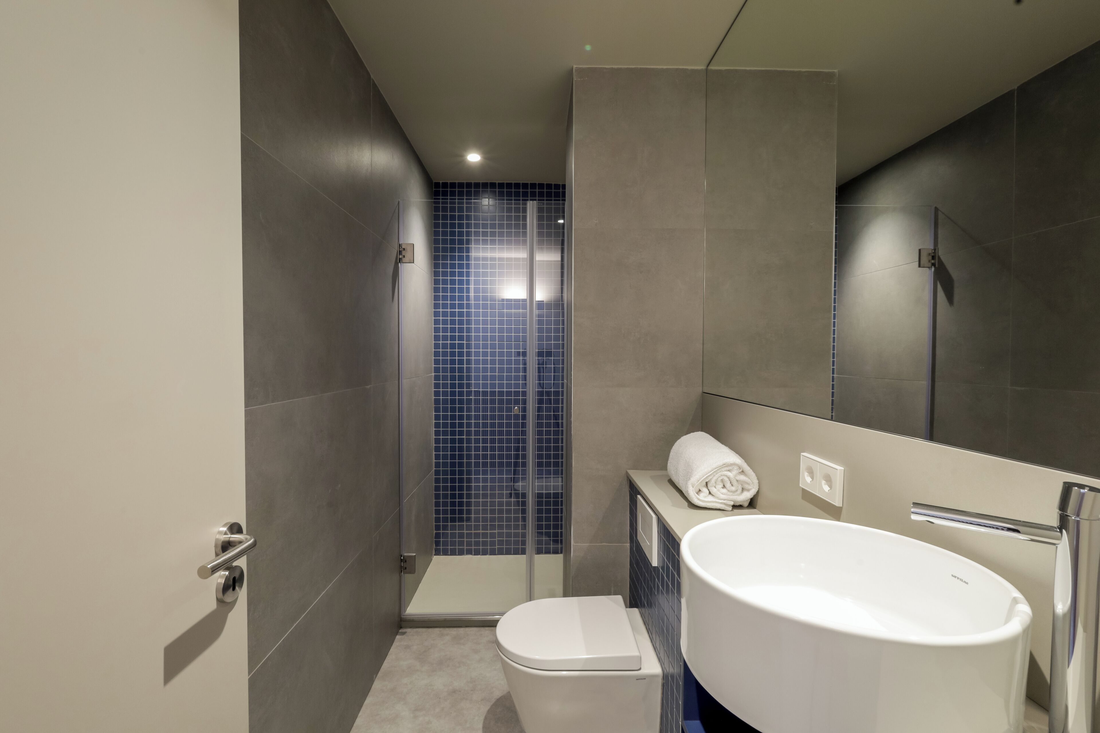 A modern bathroom with a shower, toilet, and a large sink.