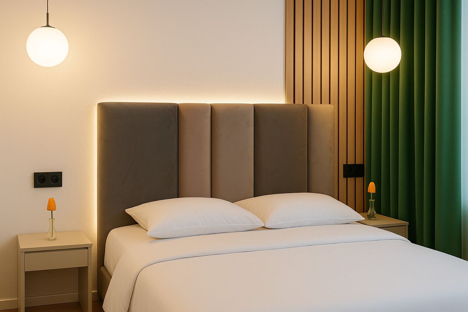A modern hotel room with a large bed, two bedside tables, and a wall with vertical wooden panels.