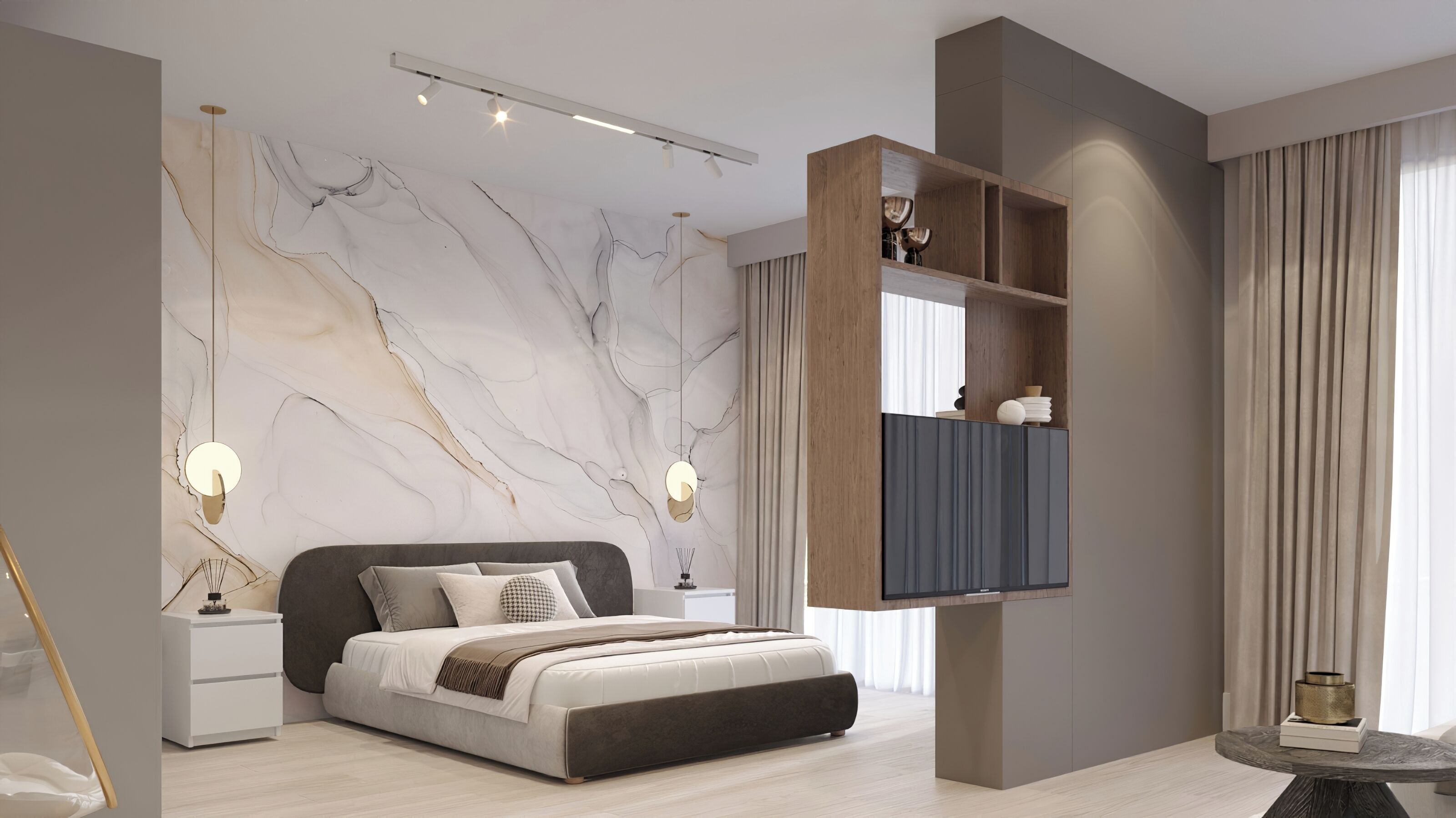 A modern bedroom with a marble-patterned wall, a bed with a dark headboard, bedside tables with lamps, and a built-in TV shelf.