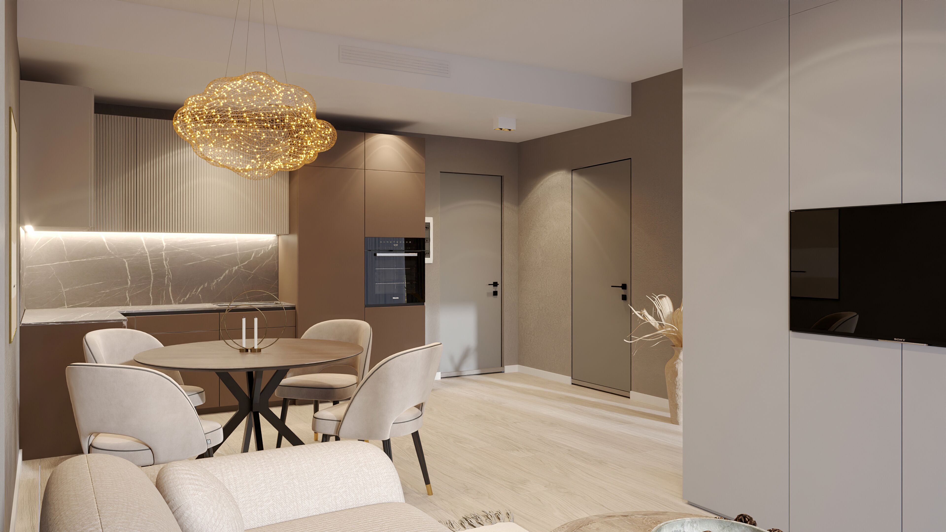 A modern dining area with a round table, four chairs, a decorative light fixture, and a wall-mounted television.