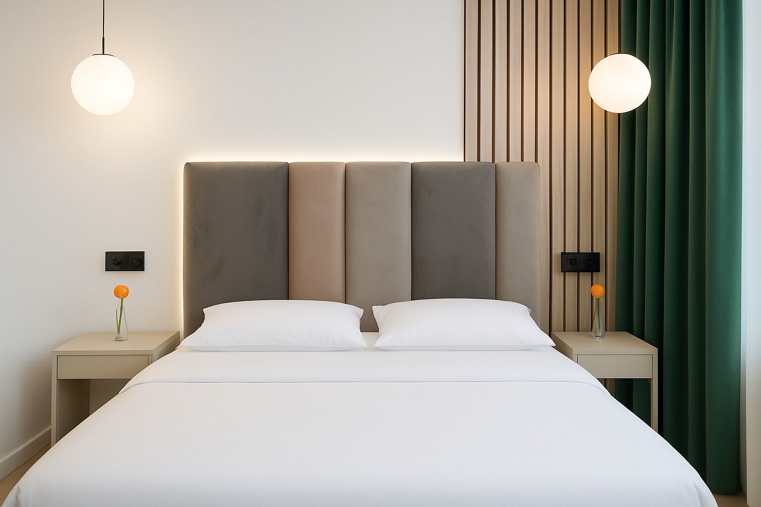 A modern bedroom with a large bed, two bedside tables, and a headboard with vertical panels.