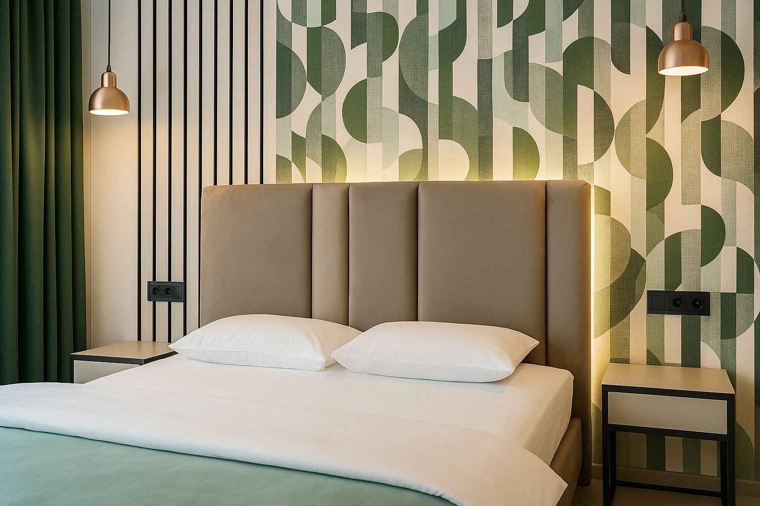 A modern bedroom with a large bed, two bedside tables, and a wall with a geometric pattern.