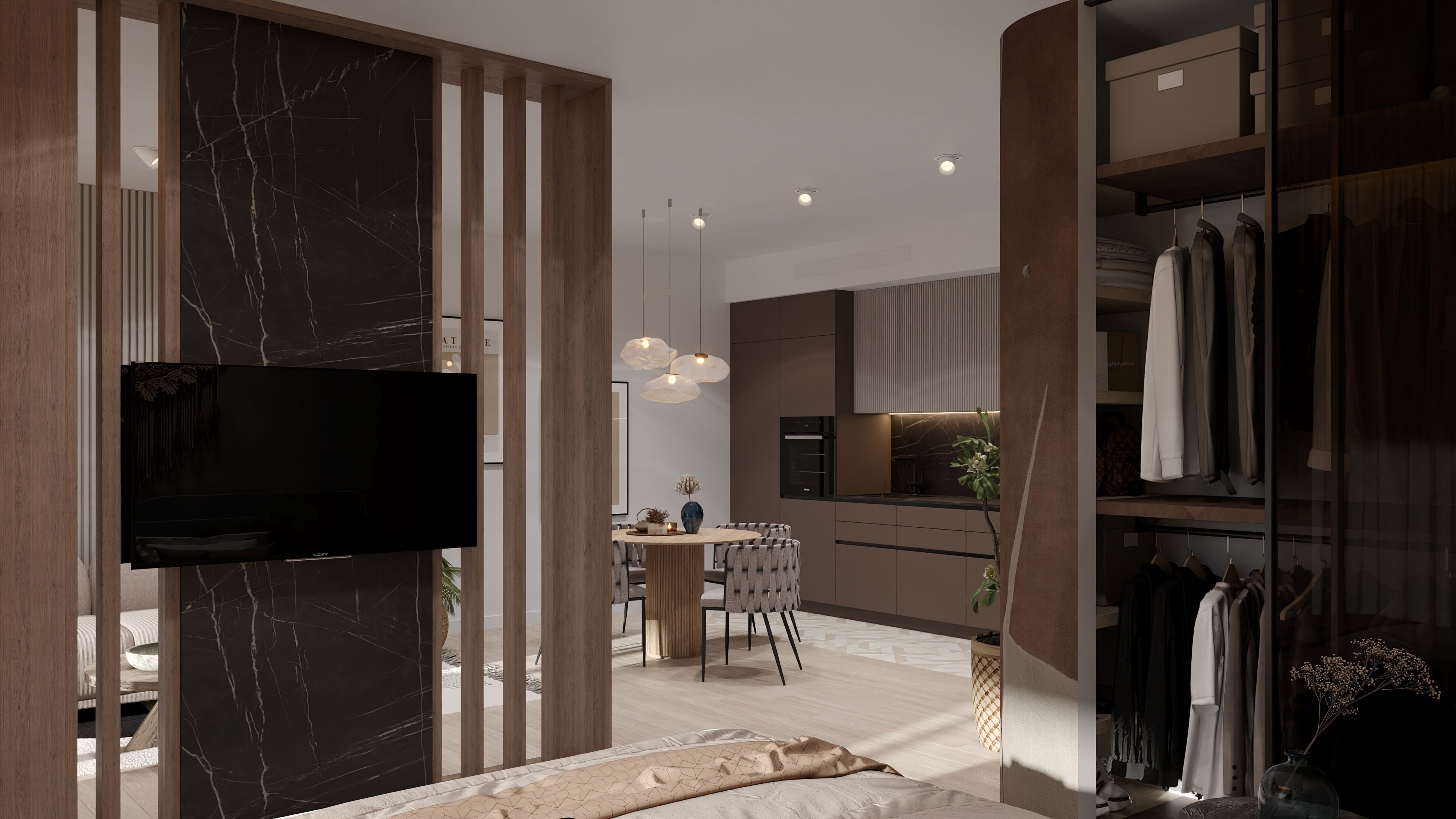 A modern hotel room with a large TV, a dining area, and a walk-in closet.