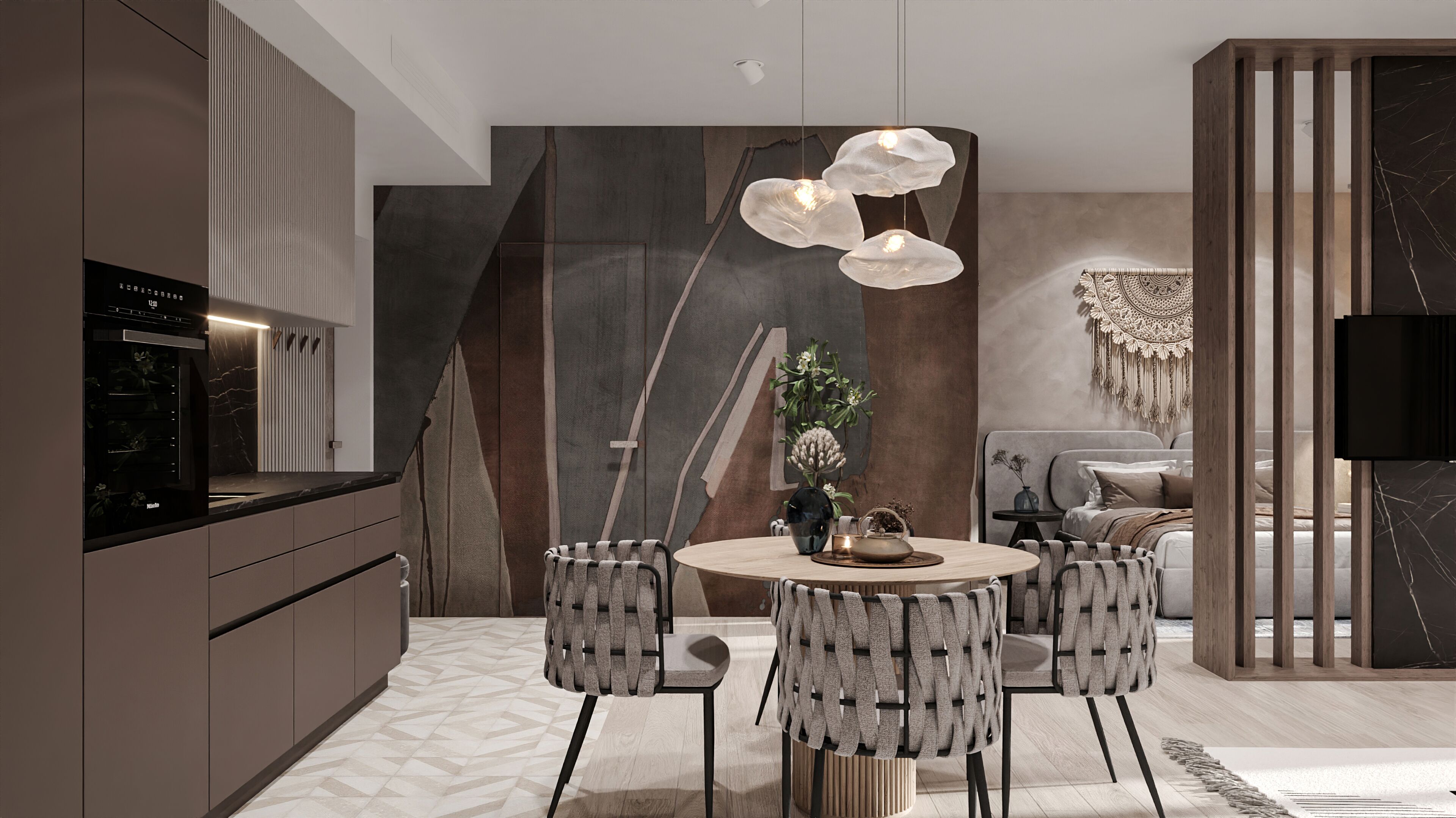 Cozinha moderna com forno embutido, área de jantar com mesa e cadeiras redondas e sala de estar com sofá e TV fixada na parede.