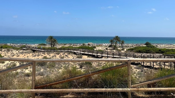 A beach with a wooden boardwalk leading to the water, surrounded by dunes and sparse vegetation.