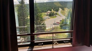 A room with a large window overlooking a road and greenery. - Hôtel Restaurant Le Montlo 48 (Mont Lozere et Goulet)