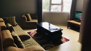 A living room with a sofa, a coffee table, a TV on a stand, and a window with curtains. - SIMPLE GUEST HOUSE (Addis Ababa)