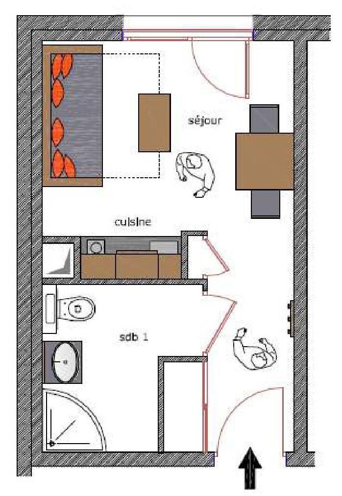 Planta baixa de um quarto de hotel com cozinha compacta, banheiro privativo e área de estar.