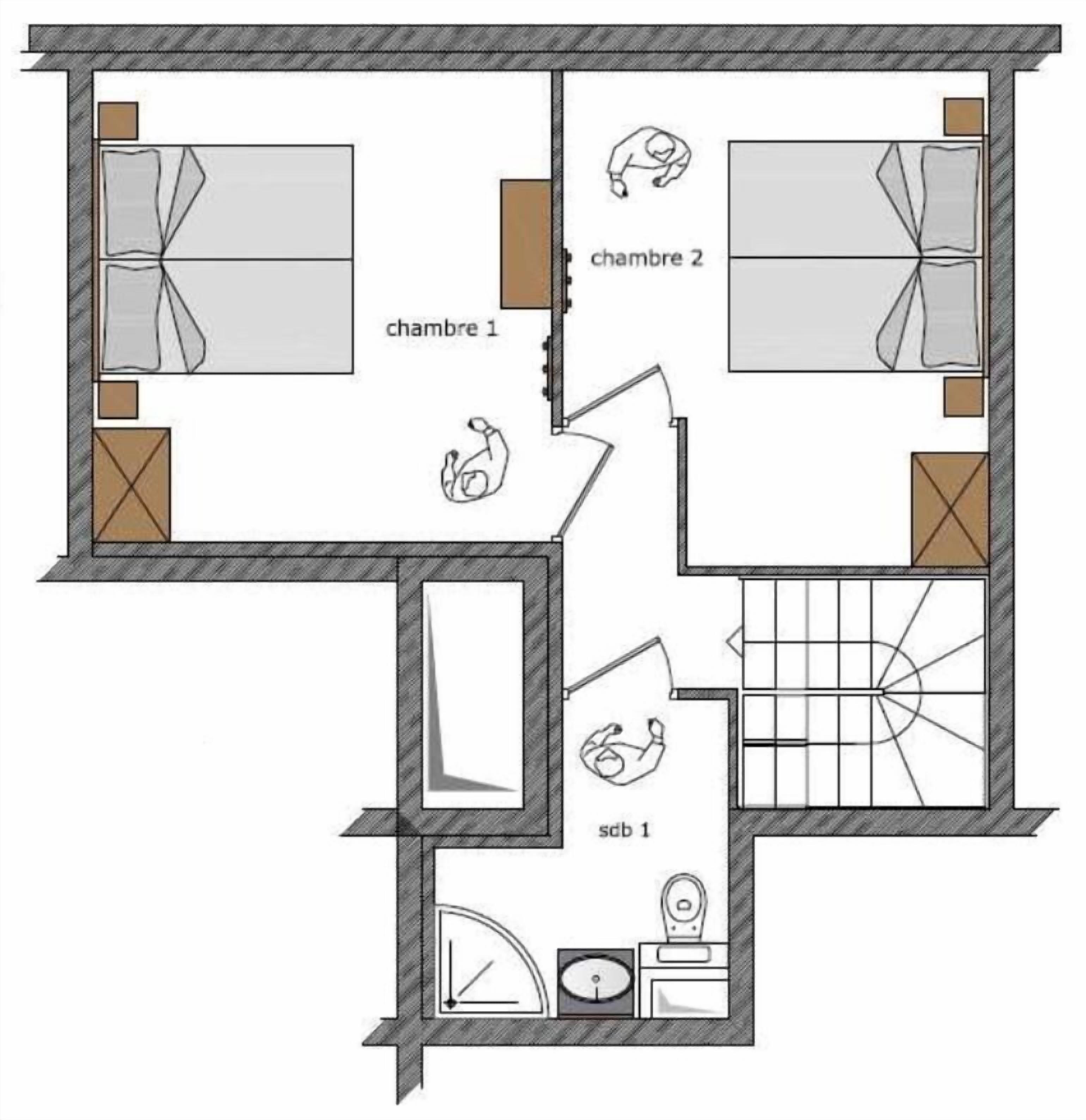 Un plan d’étage comprenant deux chambres, une salle de bain et un espace de vie.