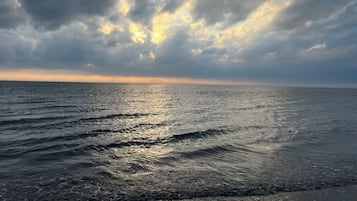 Plage à proximité, chaises longues, serviettes de plage