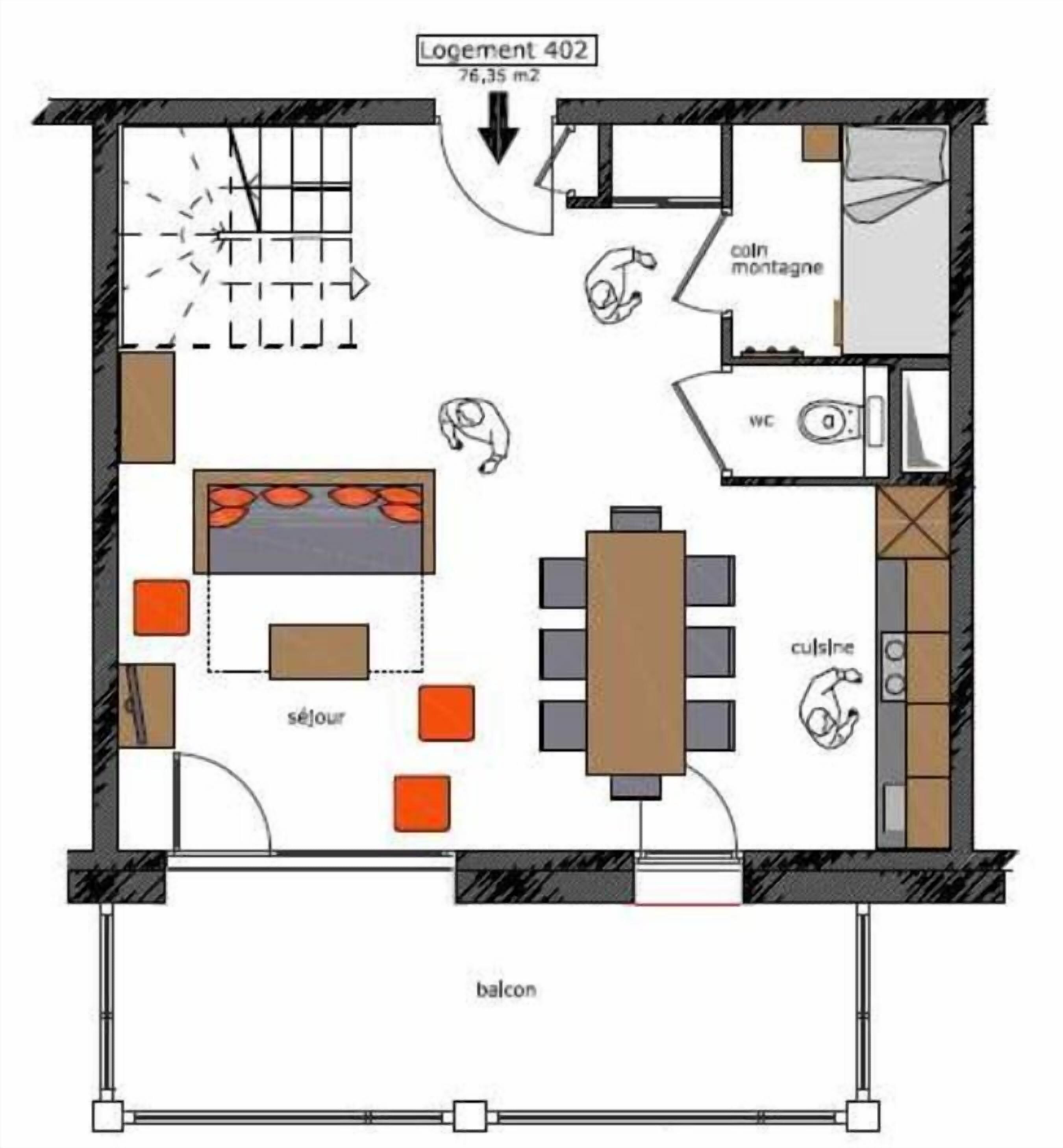 En planritning över ett hotellrum med en balkong, ett vardagsrum med soffa och bord, ett kök, ett badrum och en sovplats.