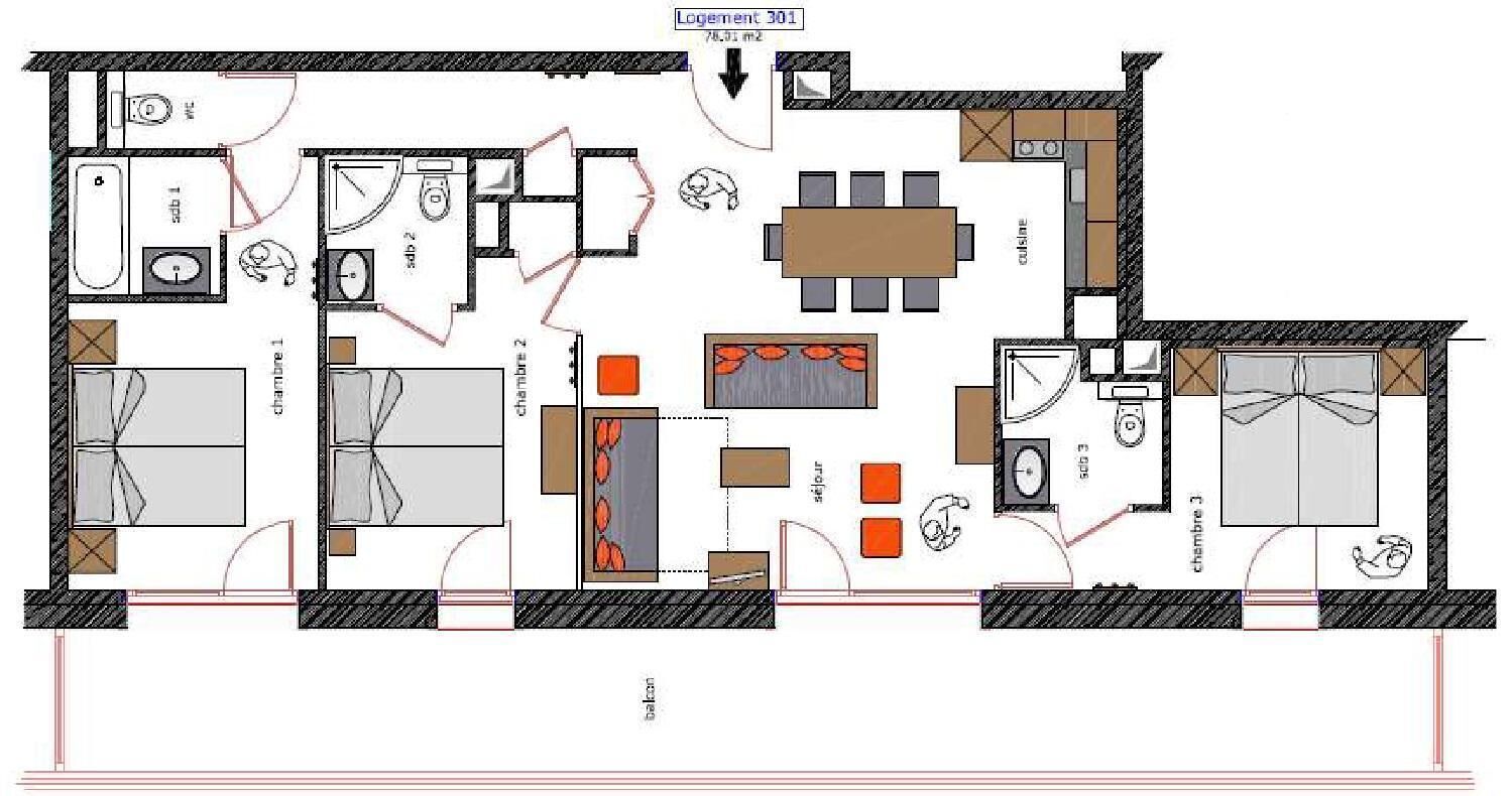 A floor plan of a hotel with three bedrooms, two bathrooms, a kitchen, a dining area, and a balcony.
