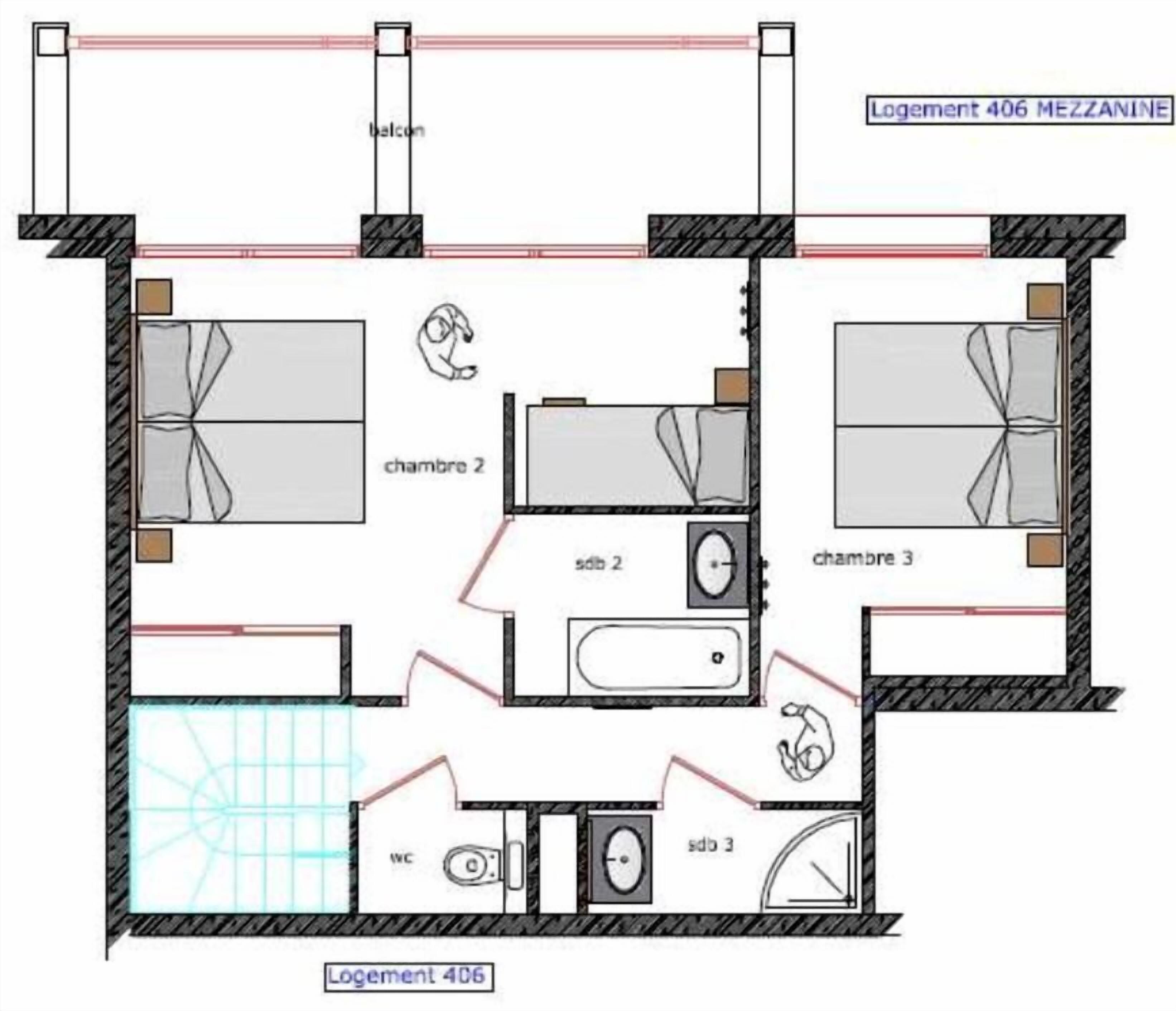 Un plan d’étage d’un hôtel comprenant trois chambres, deux salles de bain, un balcon et un espace piscine.