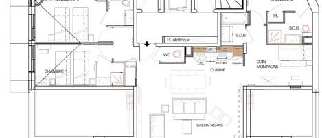 A floor plan of a hotel with three bedrooms, a living room, a kitchen, a bathroom, and a balcony.