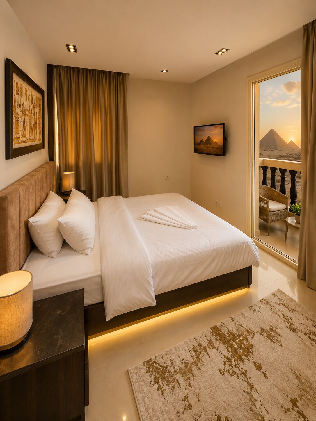 A hotel room with a bed, a nightstand, a lamp, a painting, a view of pyramids, and a balcony.