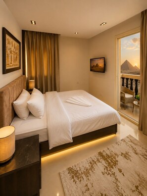 A hotel room with a bed, a nightstand, a lamp, a painting, a view of pyramids, and a balcony.