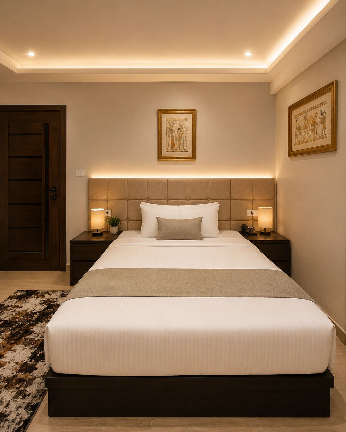 A modern hotel room with a large bed, two bedside tables, a headboard, and two wall-mounted lamps.