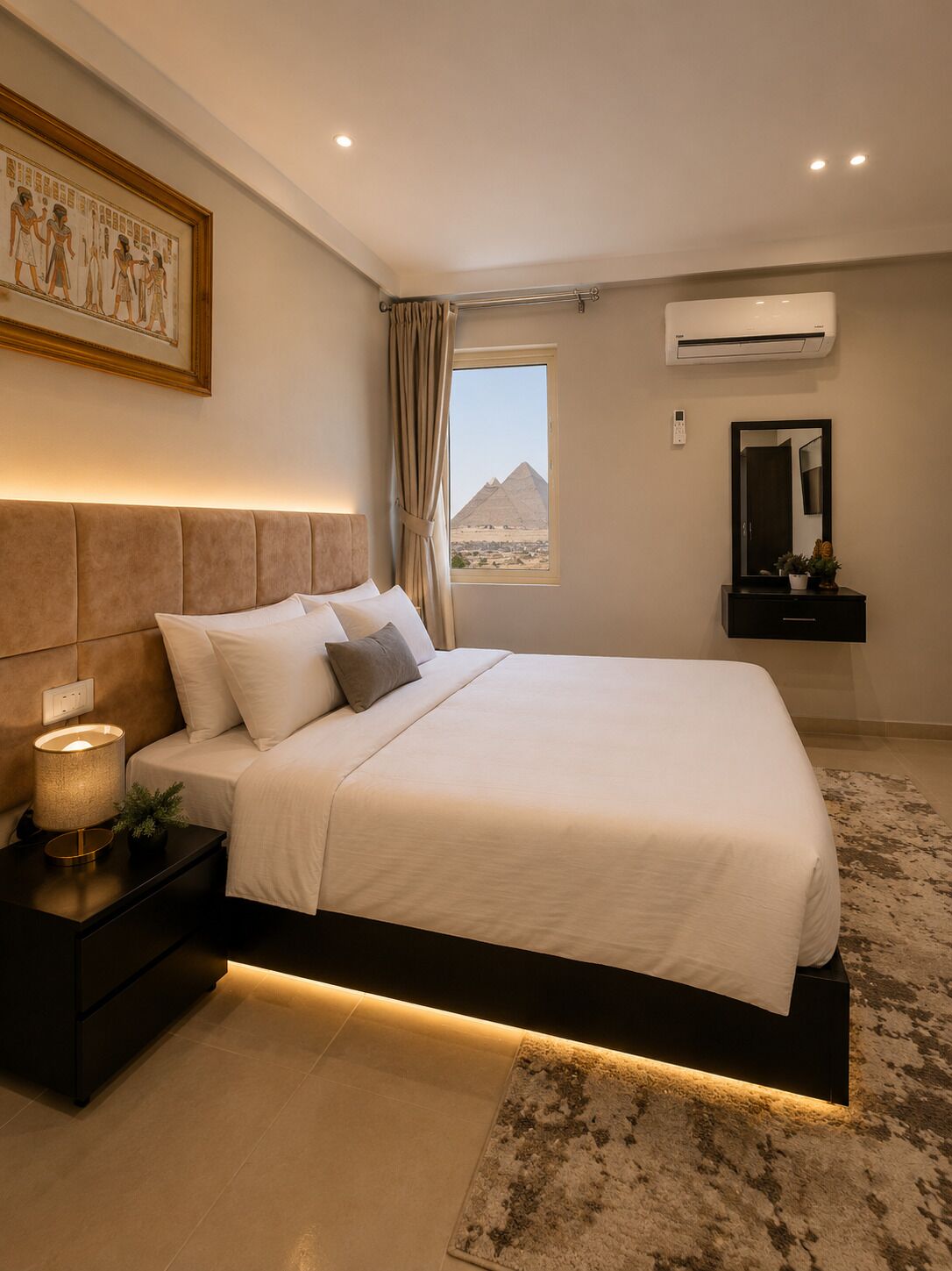 Una camera da letto con un letto, una lampada da comodino, condizionatore d'aria, finestra con vista e un quadro appeso al muro.