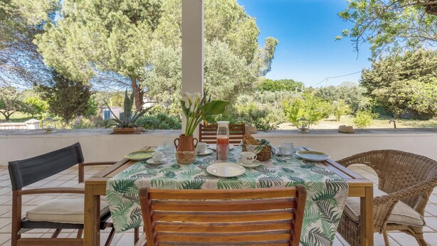 Un espace extérieur aménagé pour prendre les repas, avec une table dressée pour deux personnes, entourée de chaises en osier, d'une plante en pot et d'une carafe d'eau.