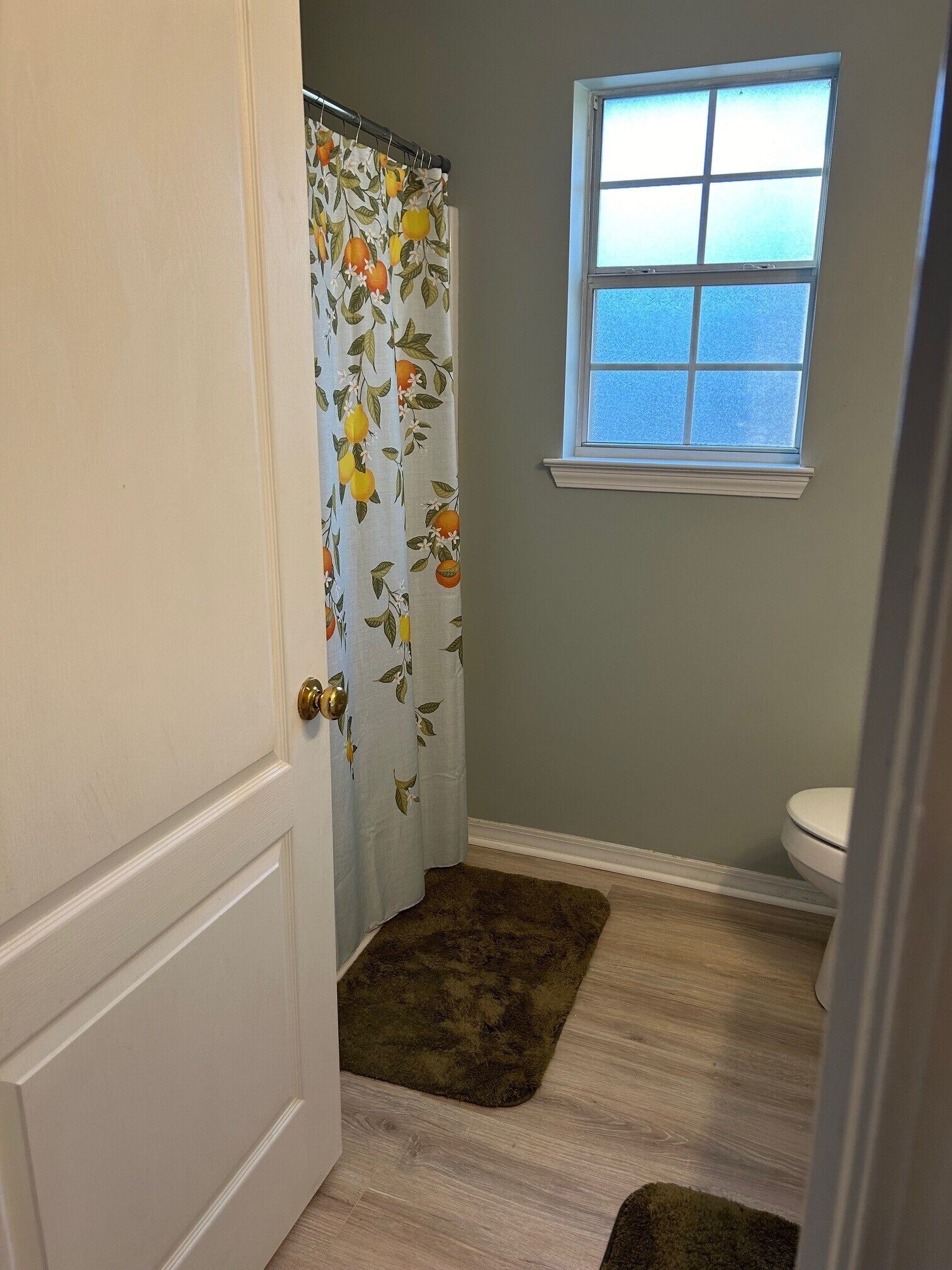 A bathroom with a shower curtain, a window, and a toilet.