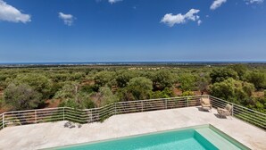 A pool area with a view of the sea and surrounding greenery.