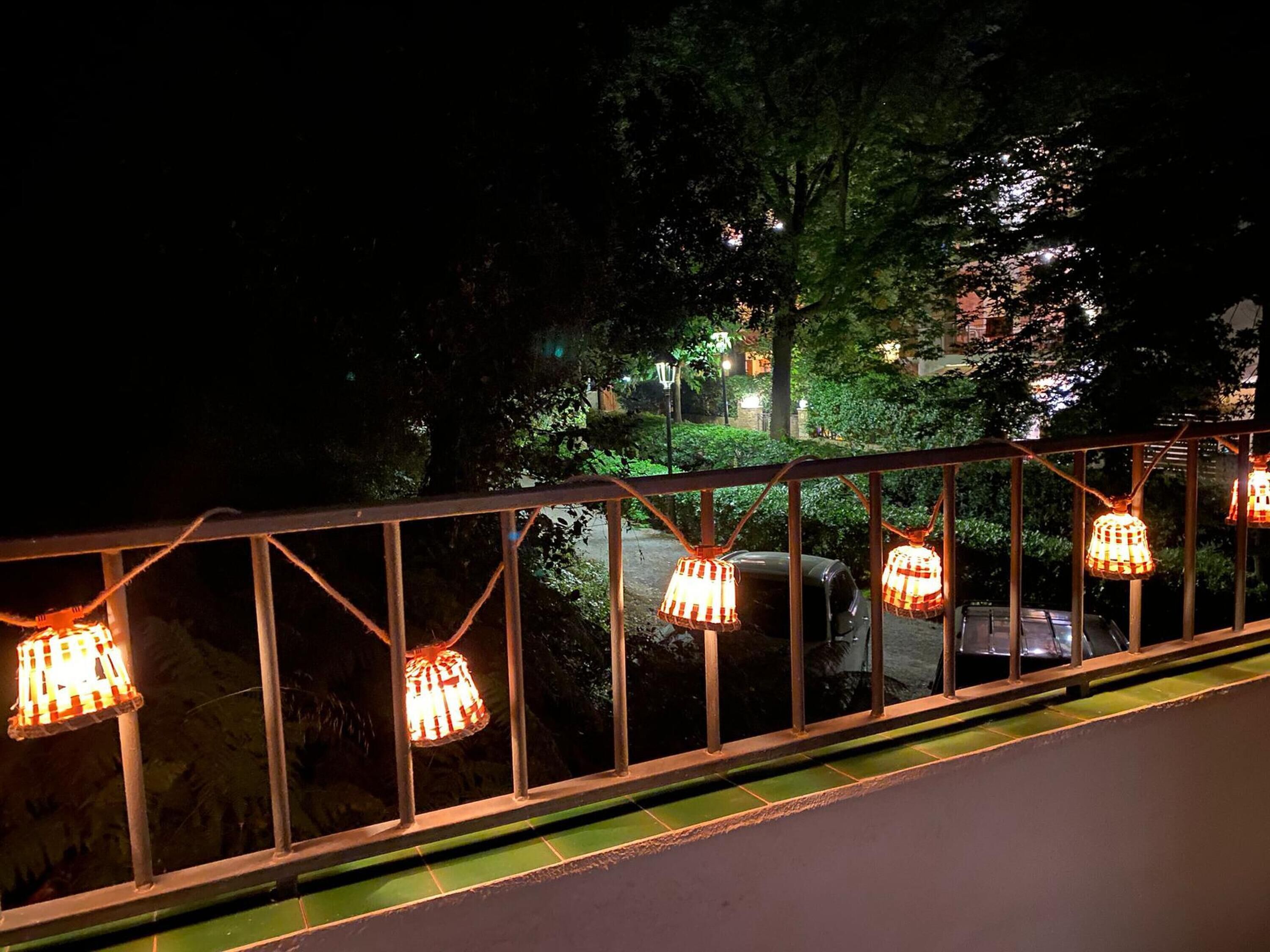 A nighttime view of a railing with hanging lights, a road, and trees in the background.