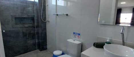 Shower, rainfall showerhead, bidet, towels