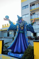 Una estatua de una figura con túnica azul adornada con motivos de estrellas de mar, sosteniendo una esfera de cristal, frente a un edificio con balcones y ventanas.