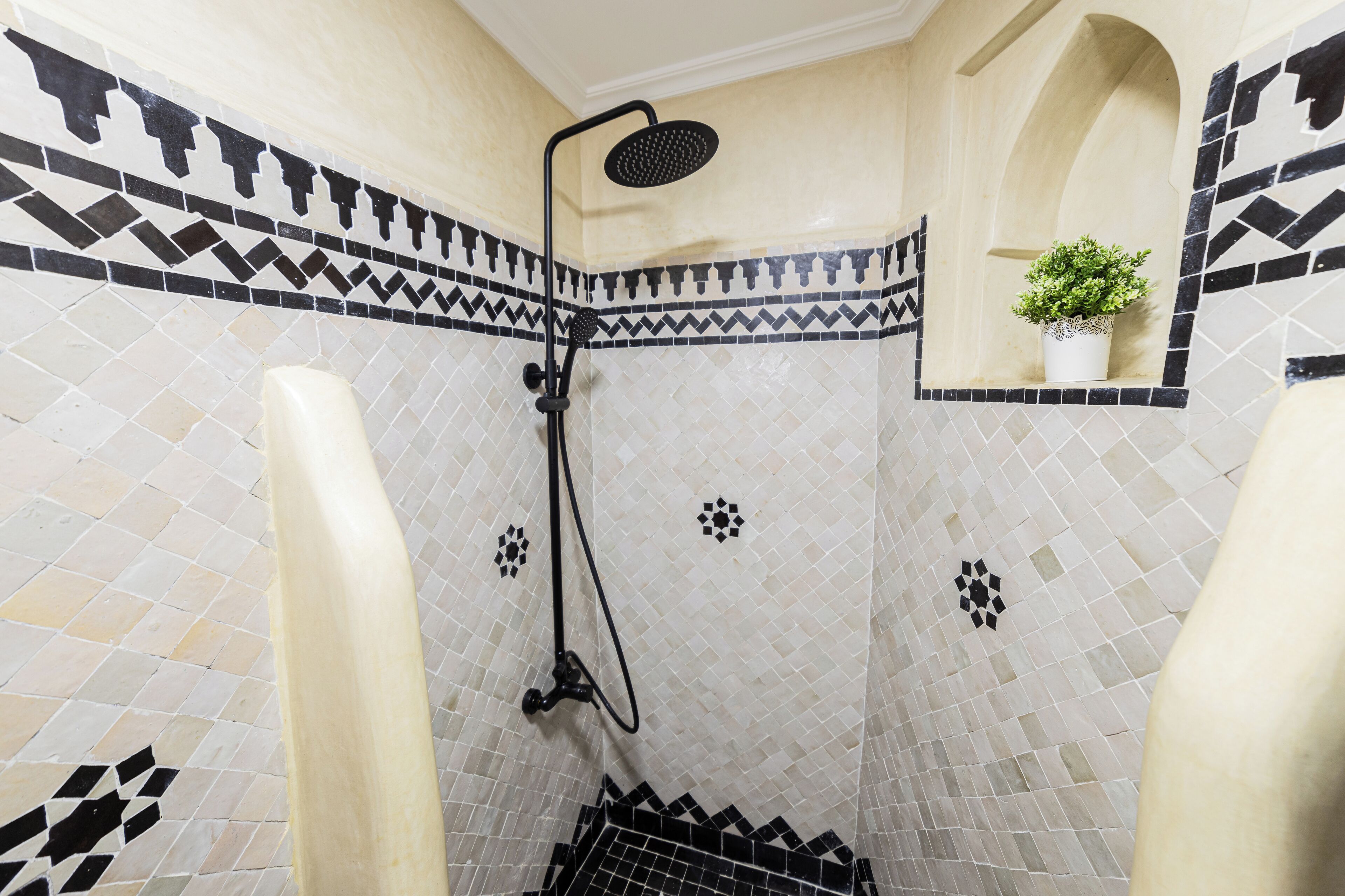 A shower area with a black showerhead and a white potted plant.