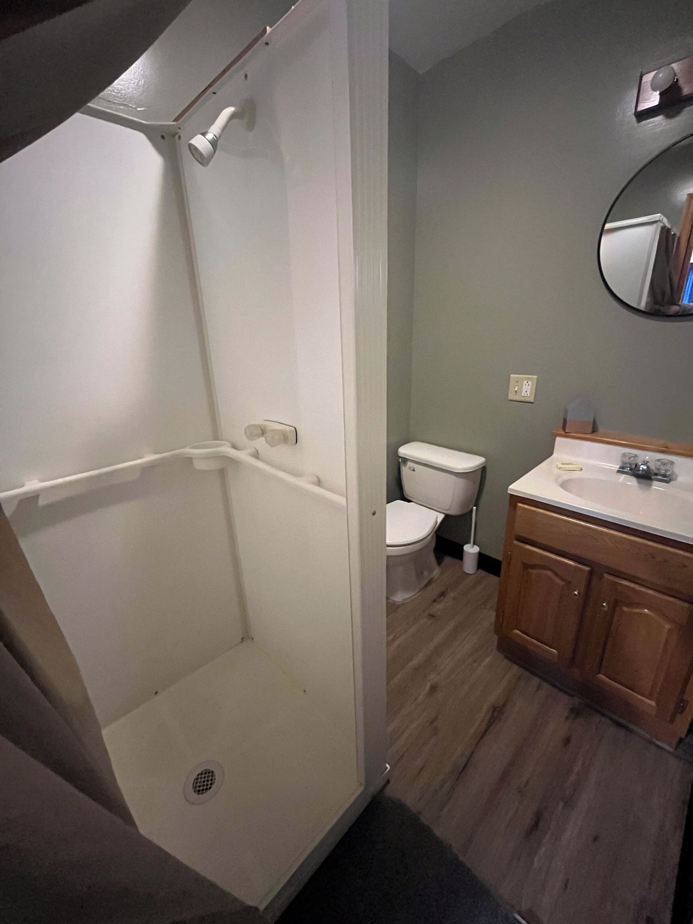 Shower, towels, soap, toilet paper