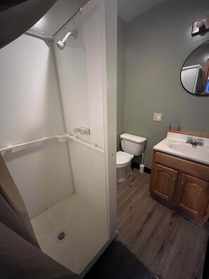 Shower, towels, soap, toilet paper