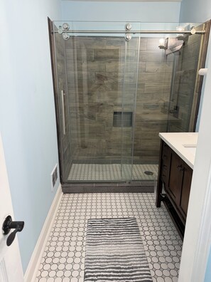 Shower, towels, toilet paper