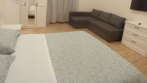 Un dormitorio con cama, sofá, armario, televisor y aire acondicionado.